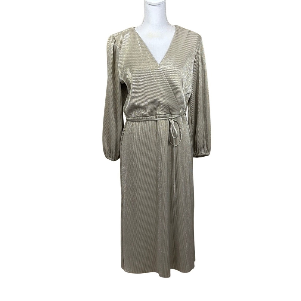 Ann Taylor Gold Plisse Midi Dress LP Metallic Wrap NWT Holiday Quiet Luxury